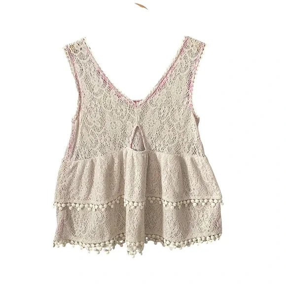 Free People Ivory Lace Pink Lined Babydoll Tank Top Keyhole Back Pom Trim Medium - Picture 2 of 7